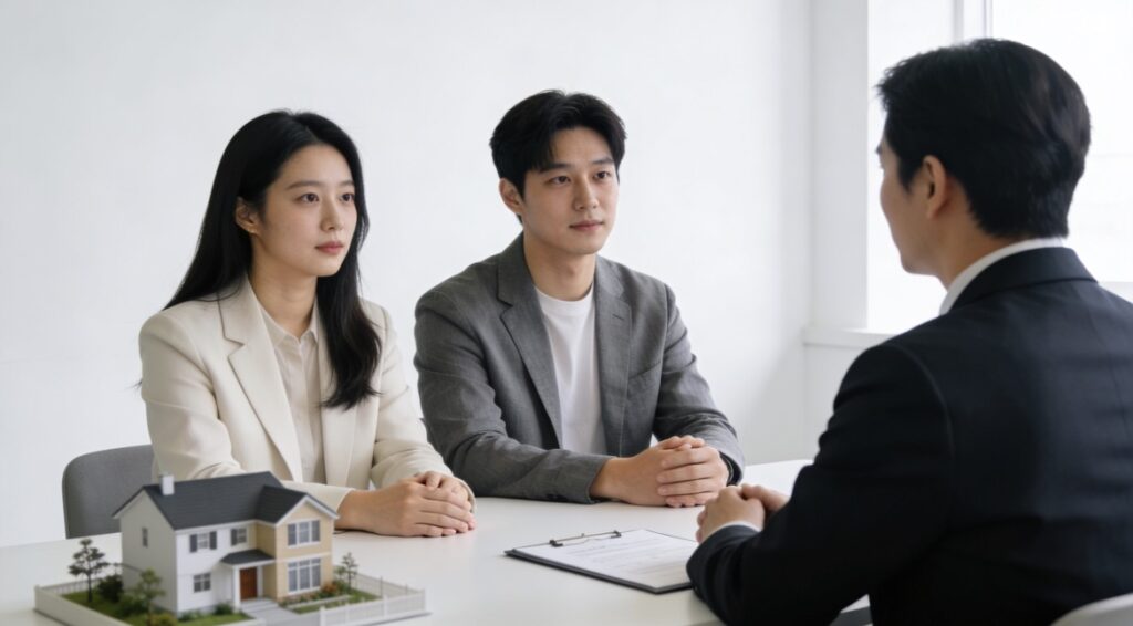 임대차 계약 해지를 상담 중인 임차인 부부와 전문가의 모습