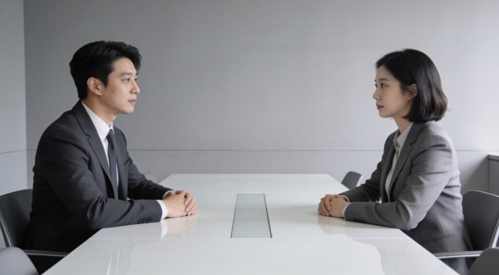 상가 권리금 협상을 논의 중인 임차인과 임대인의 모습