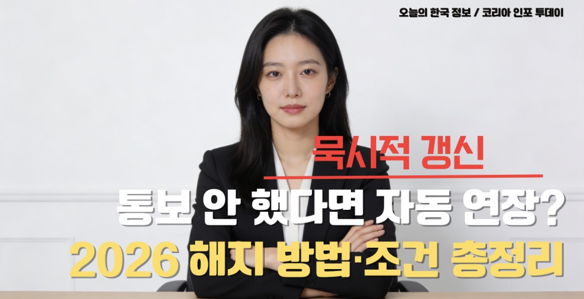 묵시적 갱신 조건과 해지 방법을 설명하는 법률 정보 이미지